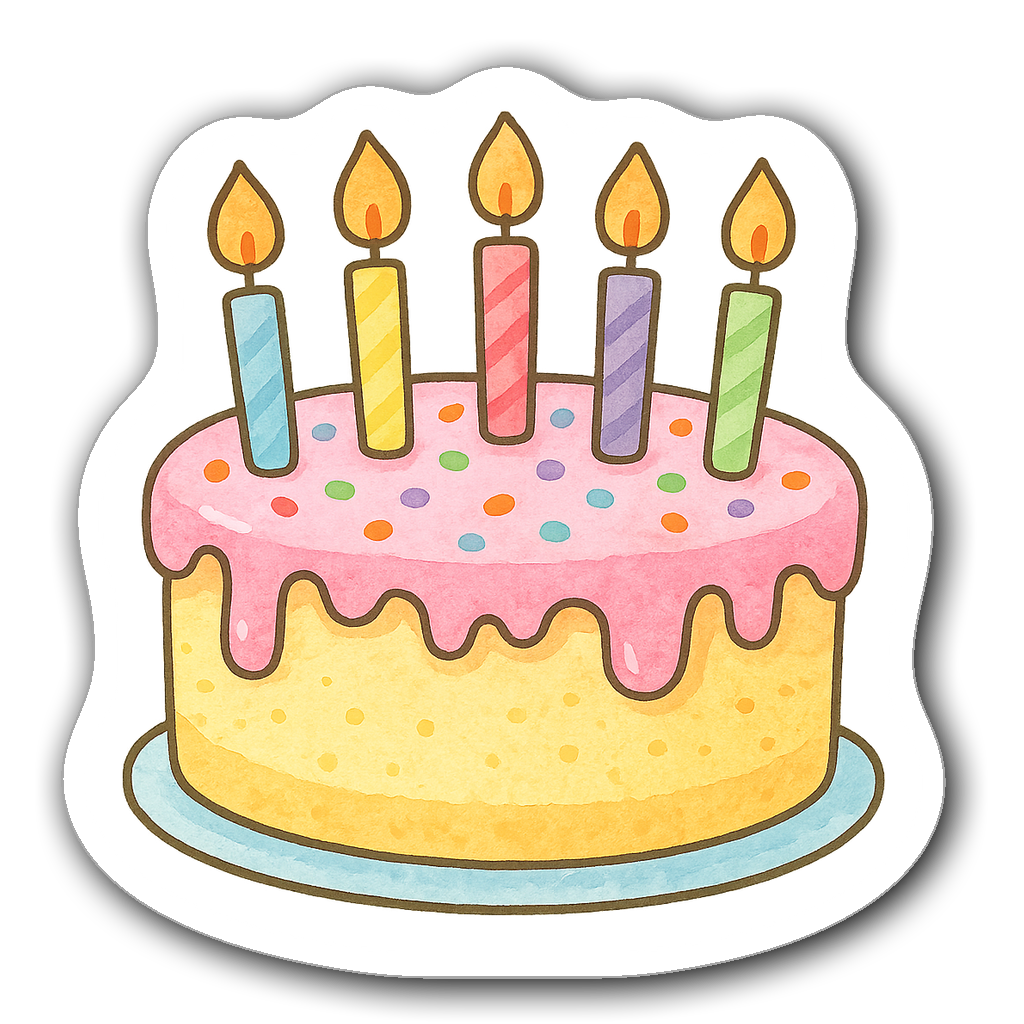 Colorful watercolor birthday cake with candles illustration