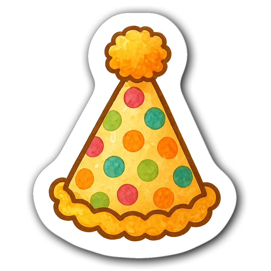 Adorable watercolor sticker of a colorful party hat with polka dots