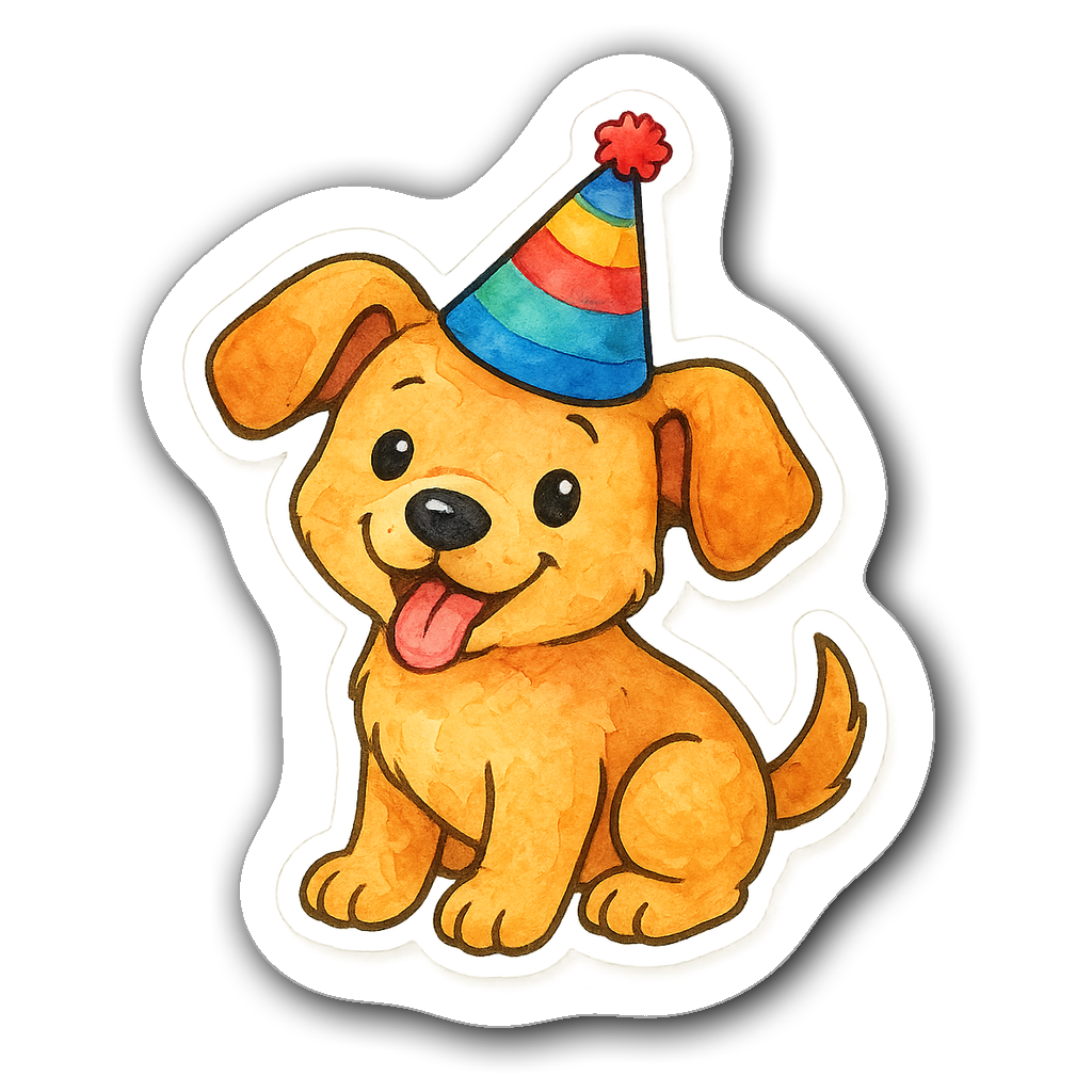 A playful puppy wearing a colorful party hat drawn in watercolor