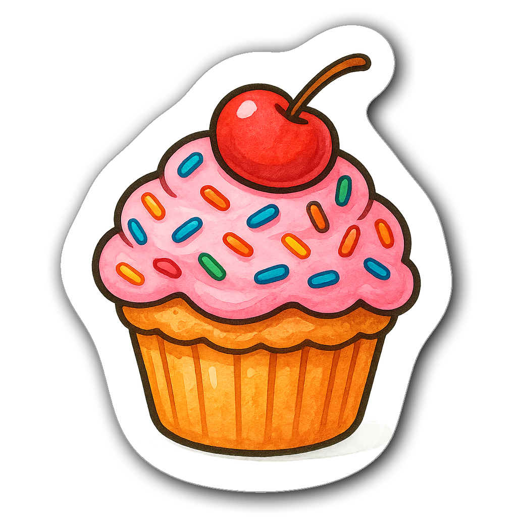 Playful cupcake sticker with sprinkles and cherry in watercolor