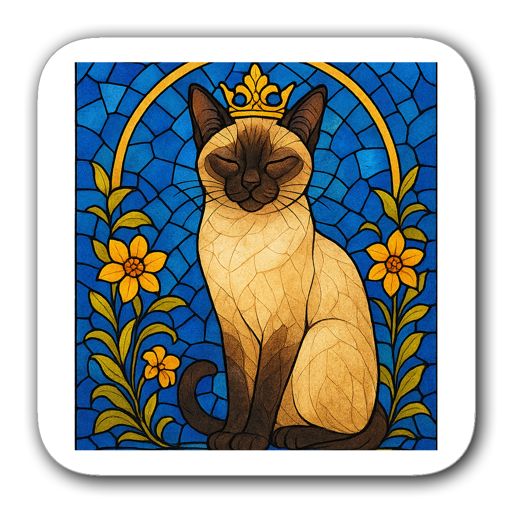 Siamese cat in stained glass design with floral accents