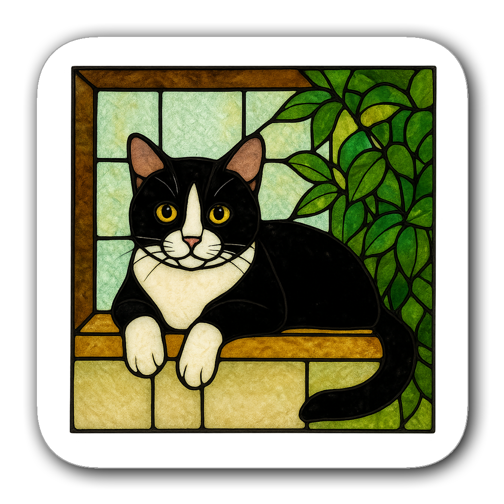 Stained glass sticker of a tuxedo cat lounging on a window sill