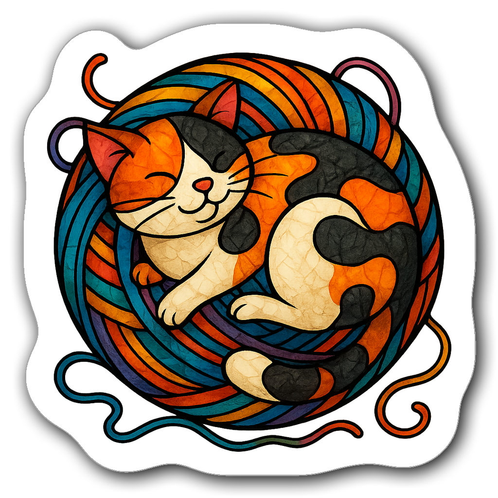 Stained glass style sticker of a calico cat in a yarn ball