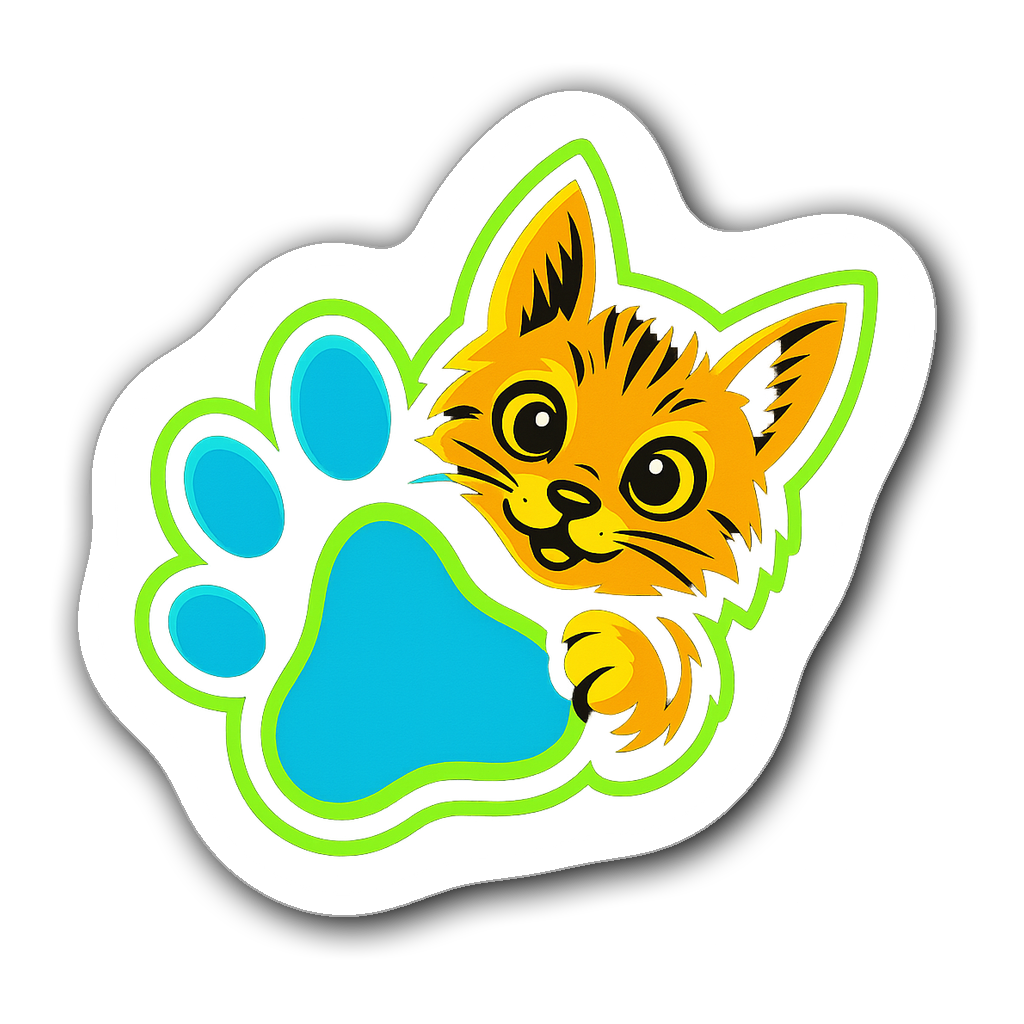 A mischievous kitten peeking from behind a neon green and blue paw print