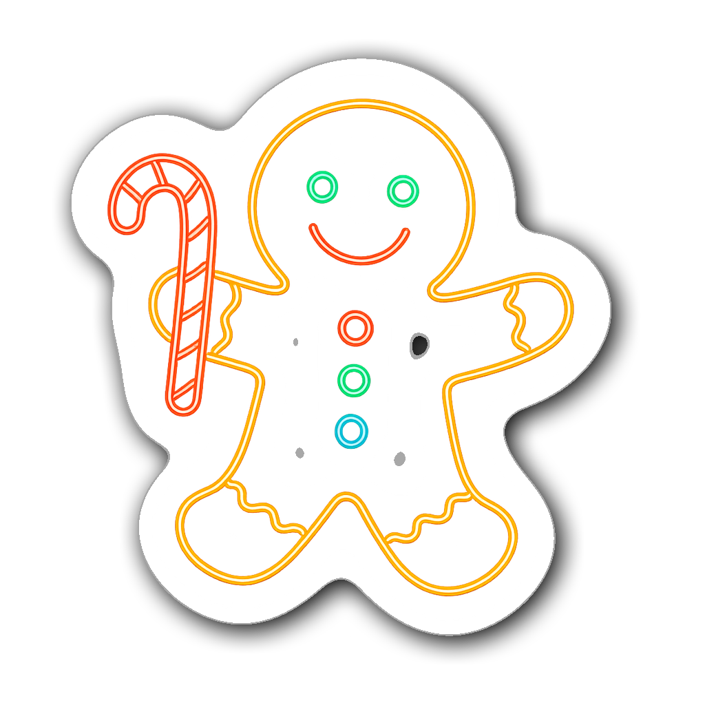 Neon outline sticker of a cute gingerbread man holding a candy cane