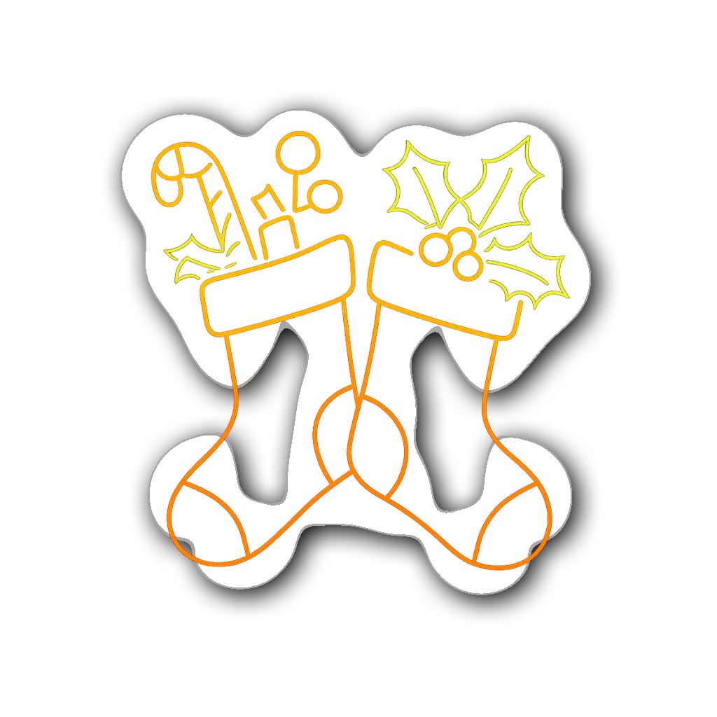 Neon outline of festive Christmas stockings with holly
