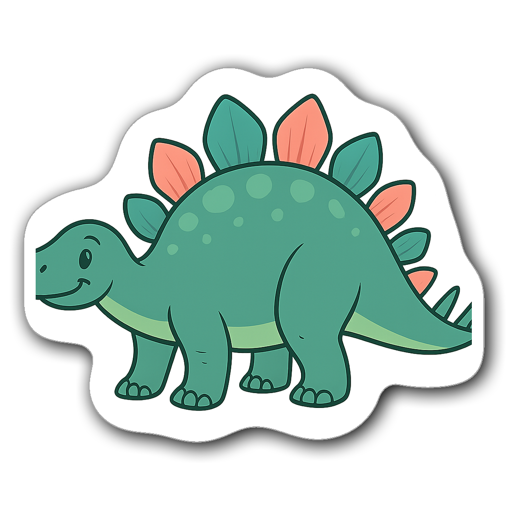 Friendly Stegosaurus sticker in teal and pink minimalist design