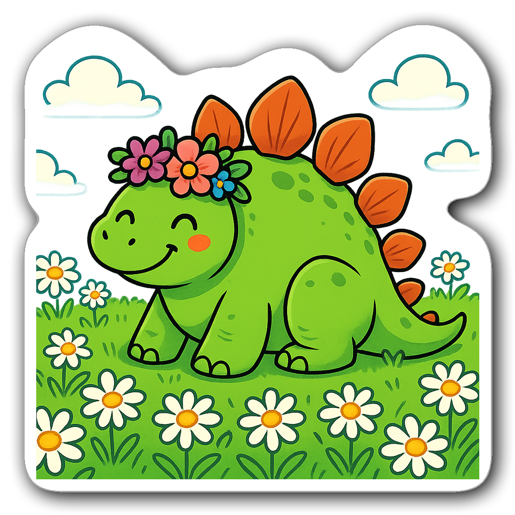 Friendly stegosaurus with a flower crown among cartoon daisies