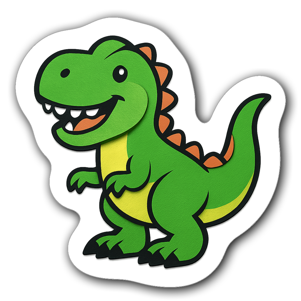 Vibrant T-Rex die-cut sticker with orange spikes and green body