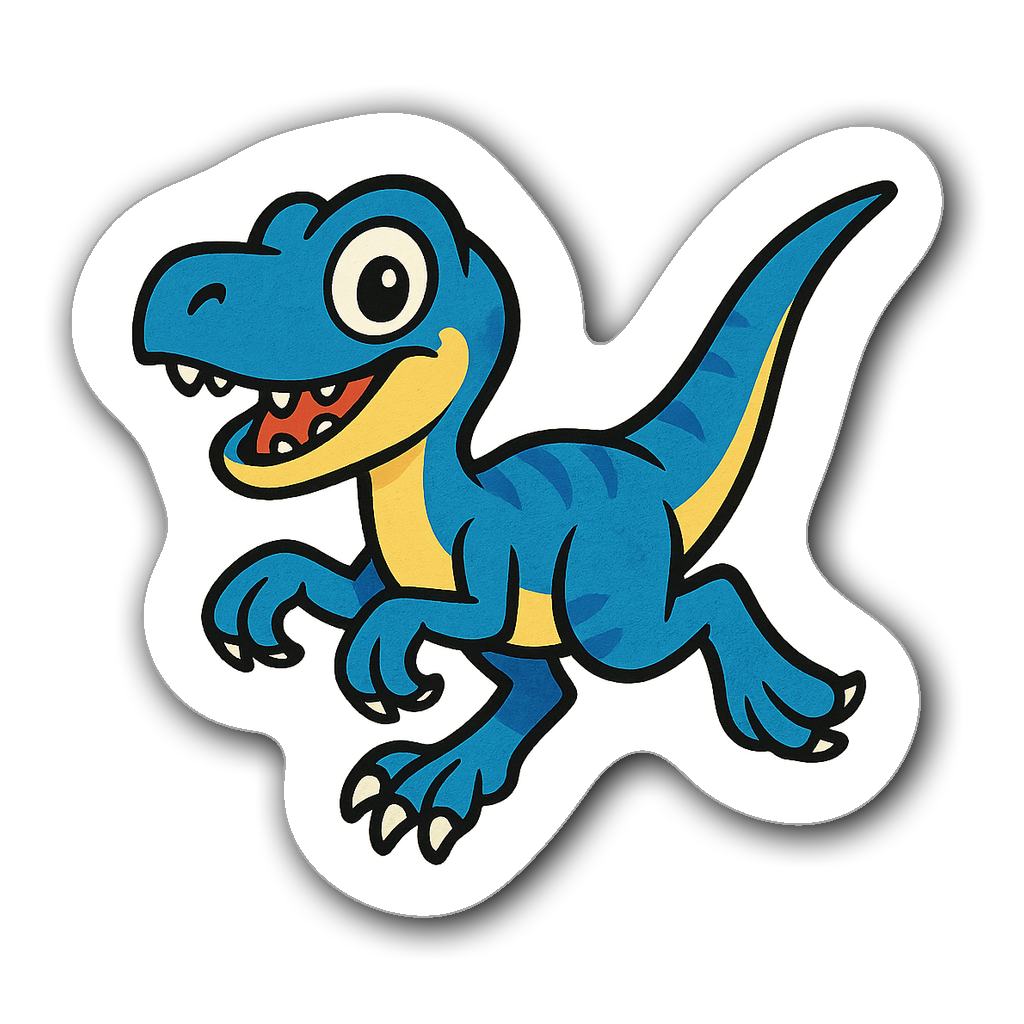 Cute Velociraptor sticker in bright blues and yellows
