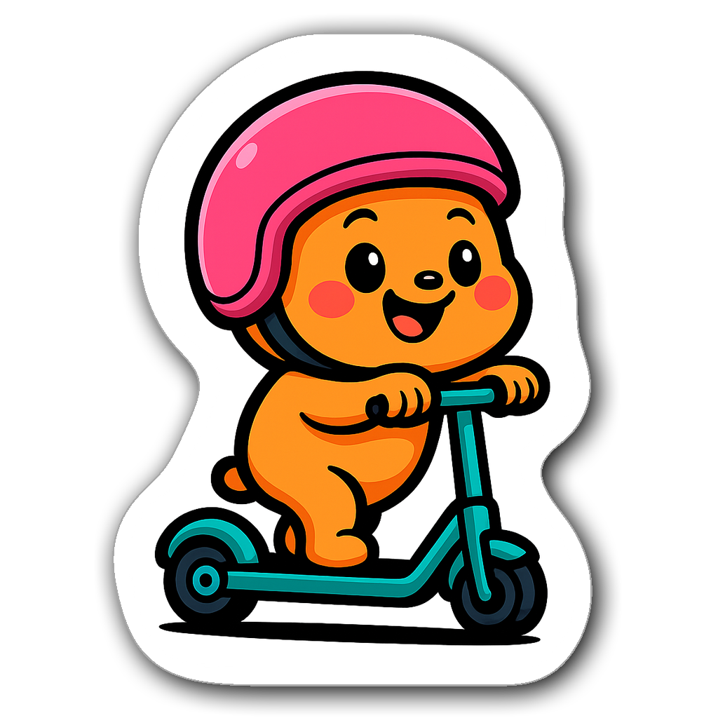 Cute character riding an electric scooter, vibrant colors