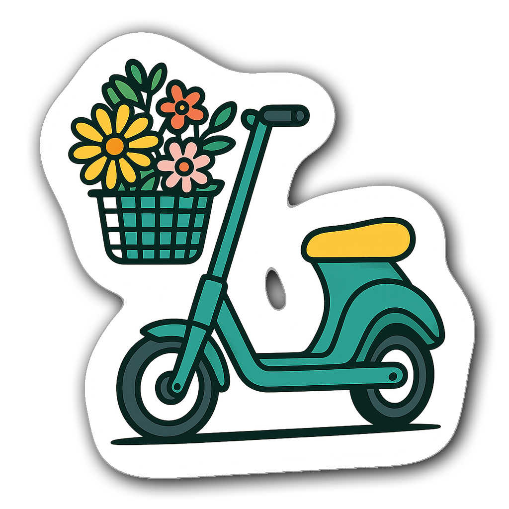 Teal electric scooter with colorful flowers in a basket