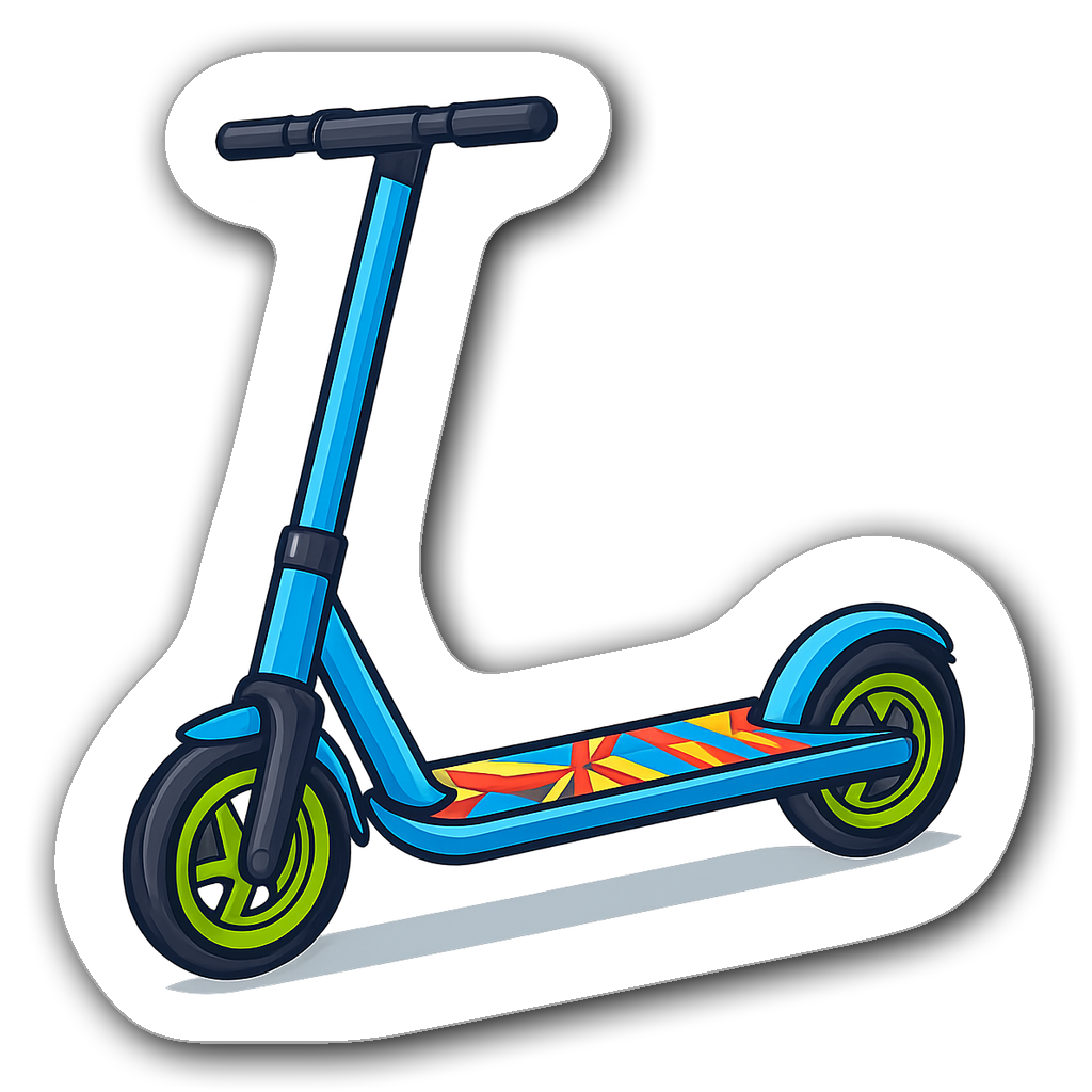 Playful electric scooter sticker with lightning bolts and vibrant colors.