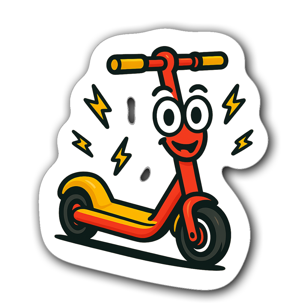 Whimsical electric scooter character sticker with smiling headlights