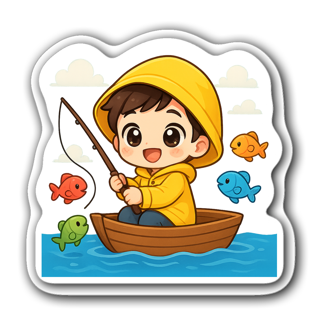 Cute chibi fisherman in yellow raincoat with fish