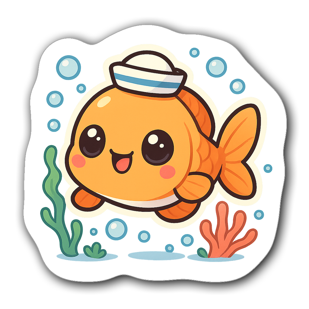 Kawaii chibi fish with big eyes and sailor hat surrounded by bubbles