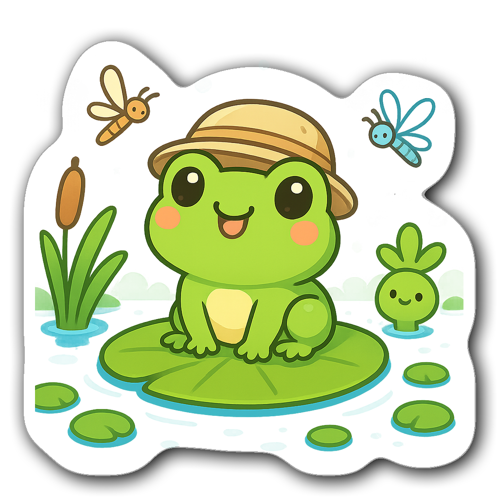 Cute chibi frog fishing on a lily pad surrounded by plants