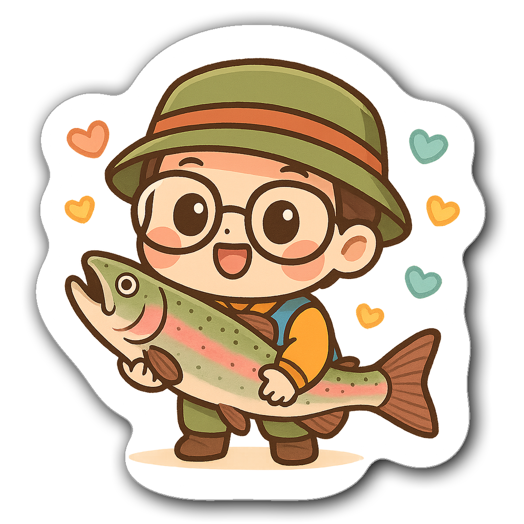 Cute Kawaii Chibi angler with rainbow trout and hearts sticker