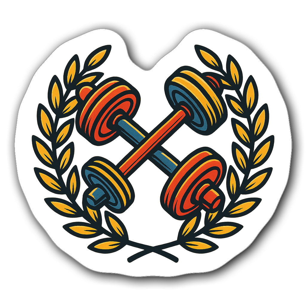 Vintage barbell and dumbbell sticker with laurel leaves design