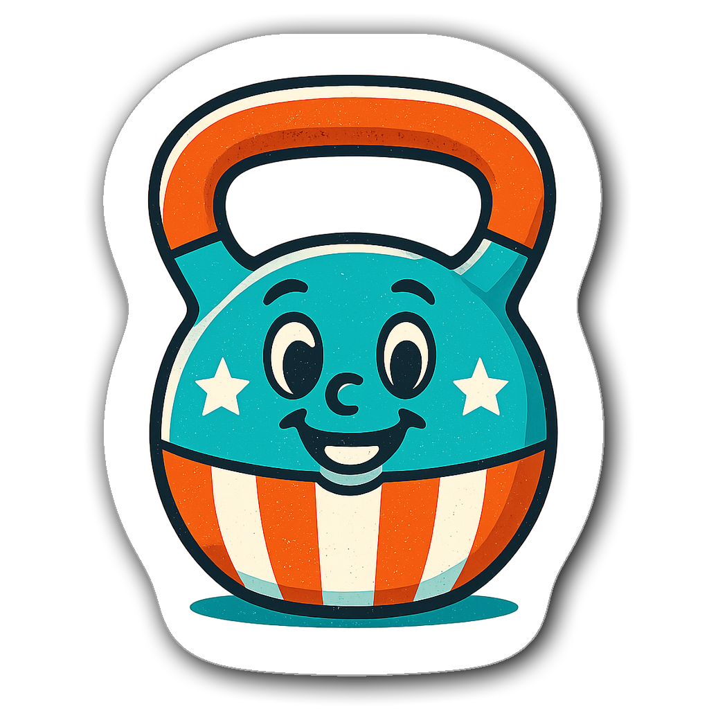 Retro kettlebell sticker with smiling face and stars