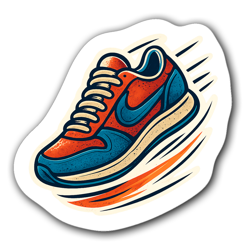 Vibrant vintage running shoe die-cut sticker with speed lines