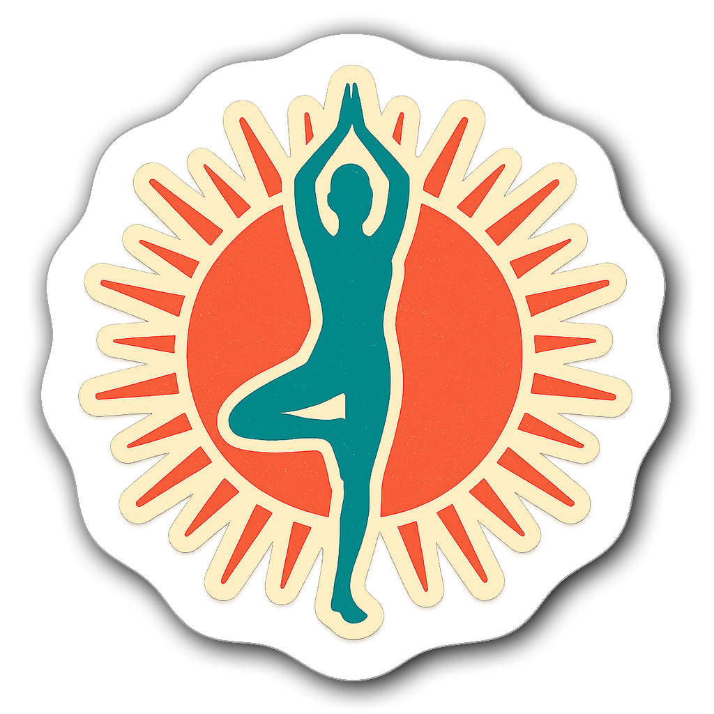 Retro yoga pose sticker in teal and coral colors with sun emblem