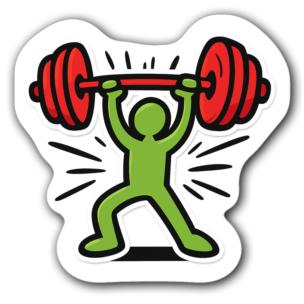 Energetic cartoon figure lifting a red barbell sticker