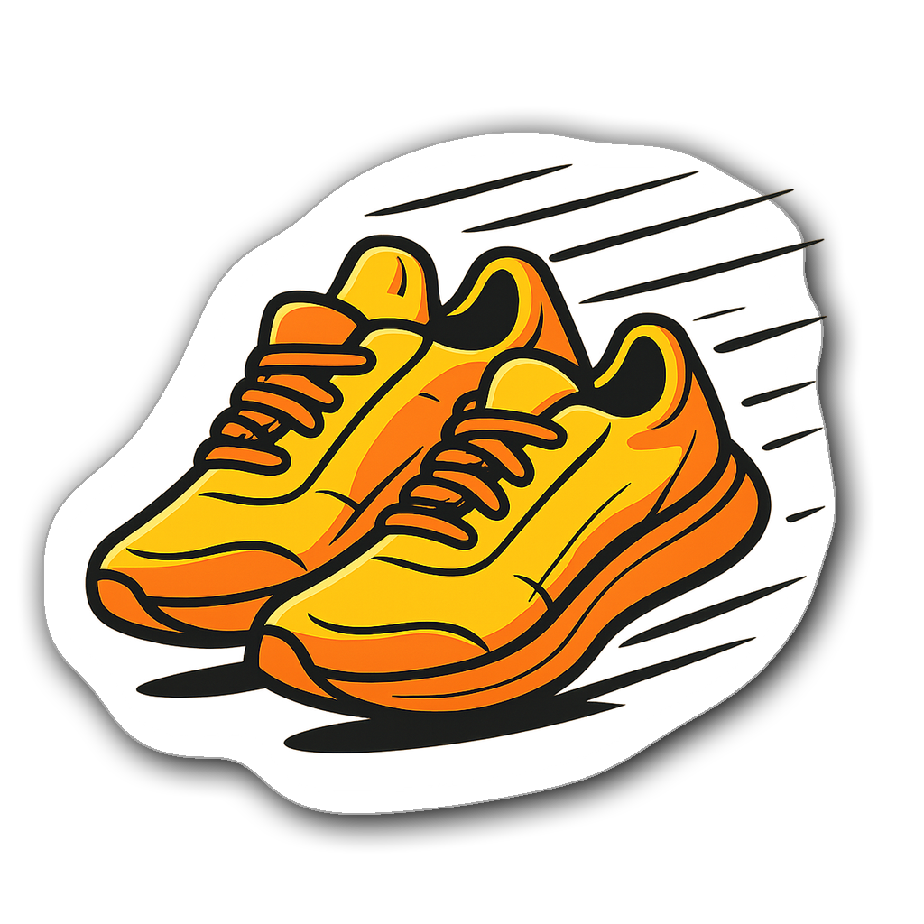 Die-cut sticker of running shoes in yellow and orange with speed lines