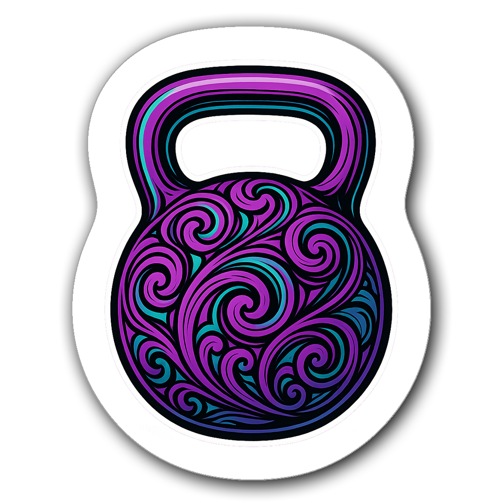 Die-cut sticker of a vibrant kettlebell with purple and teal design