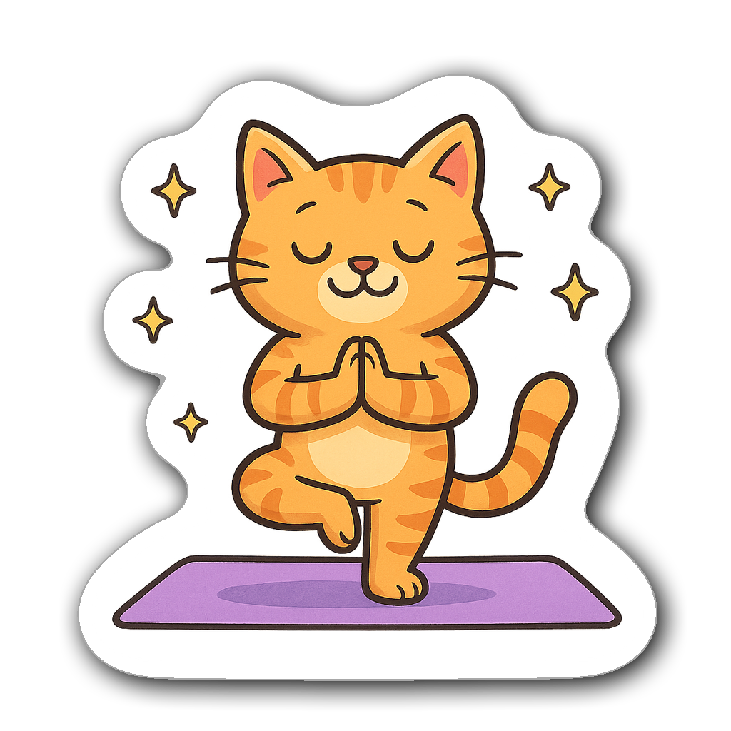 A whimsical cat doing yoga on a mat with colorful background.