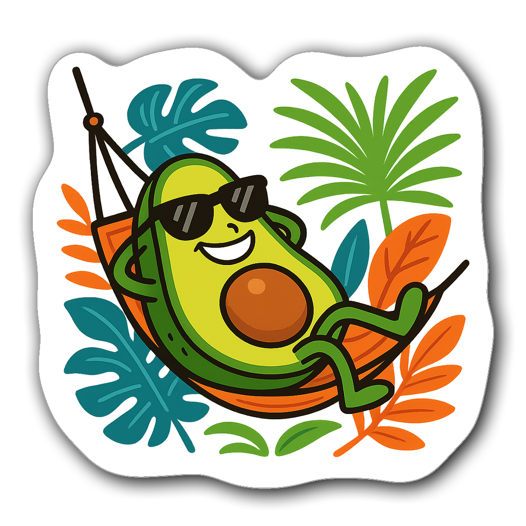Cartoon avocado with sunglasses lounging in a hammock surrounded by colorful leaves