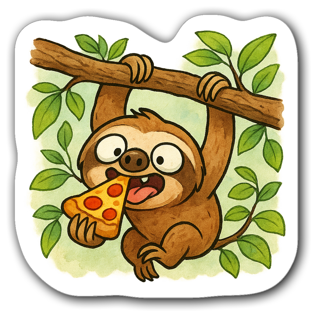 Silly sloth hanging upside down from a tree branch munching pizza
