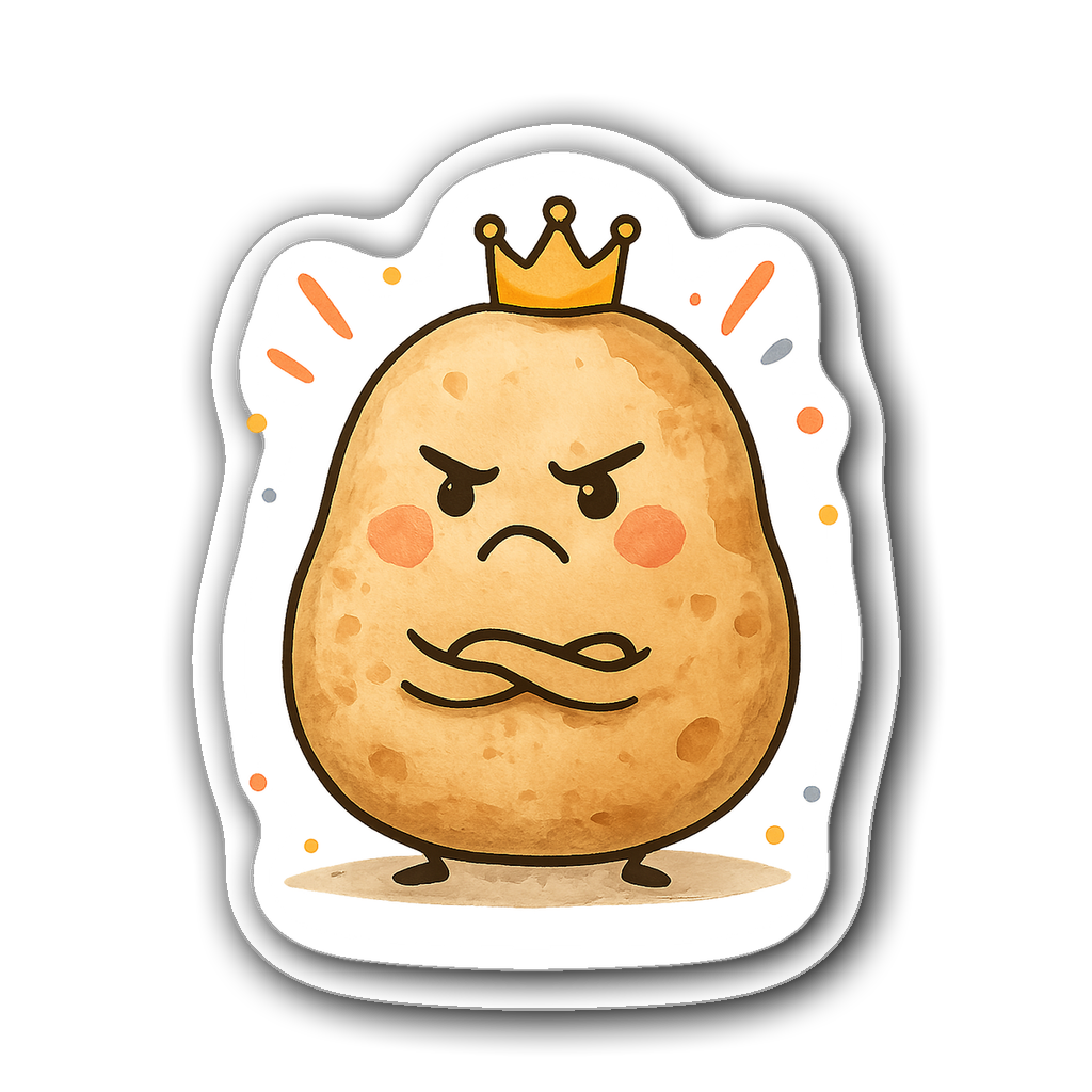 Grumpy potato character with a tiny crown and arms crossed
