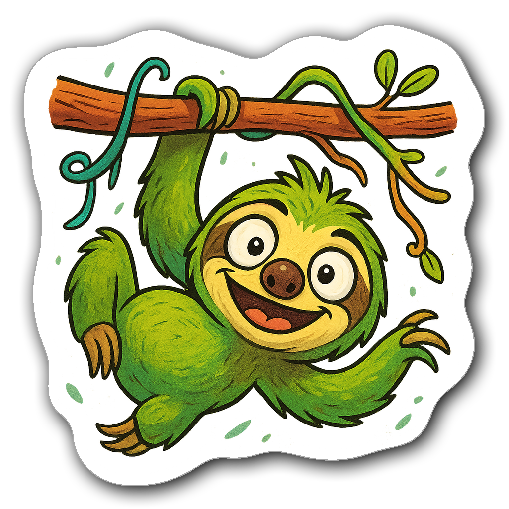 A playful cartoon sloth hanging upside down from a colorful tree branch