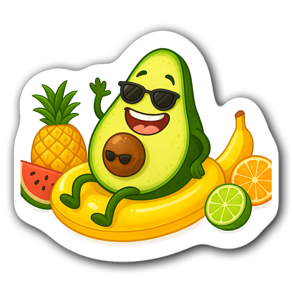 Goofy avocado sticker lounging on a pool float with fruits