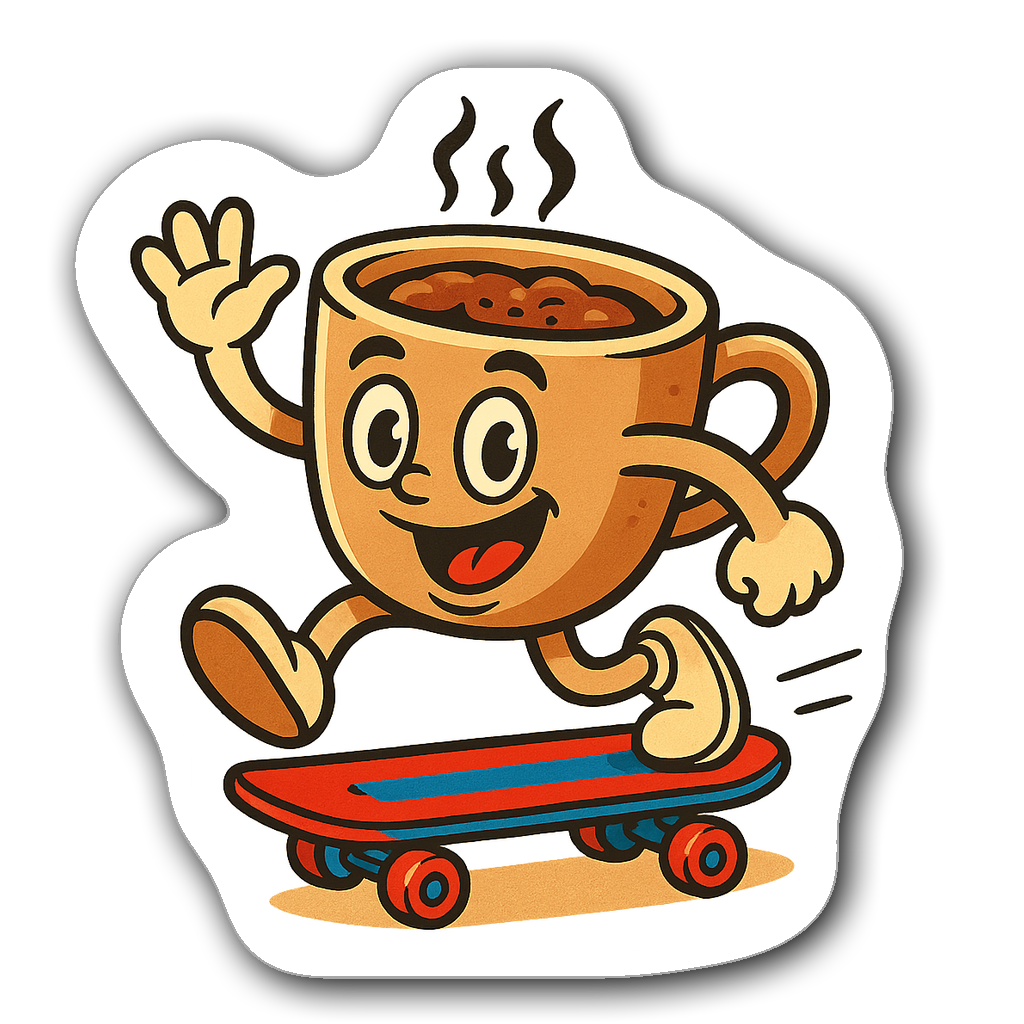 Cartoon coffee cup with face on a skateboard sticker