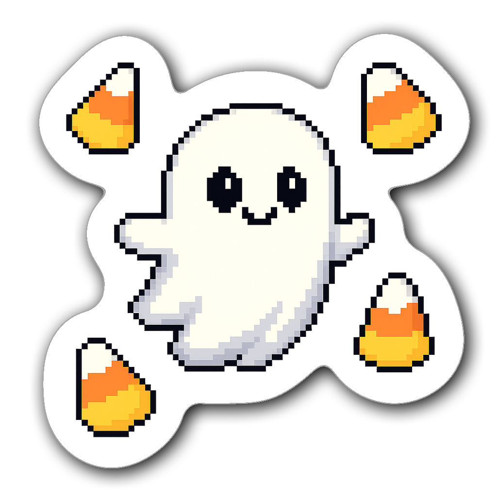A cute pixel art ghost surrounded by candy corn in vibrant colors