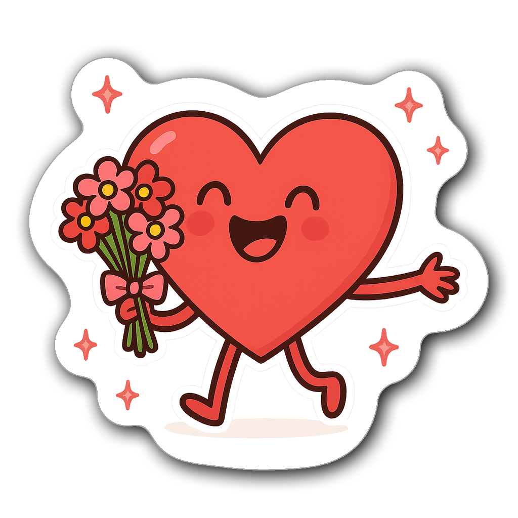 Cute cartoon heart character holding a bouquet of flowers