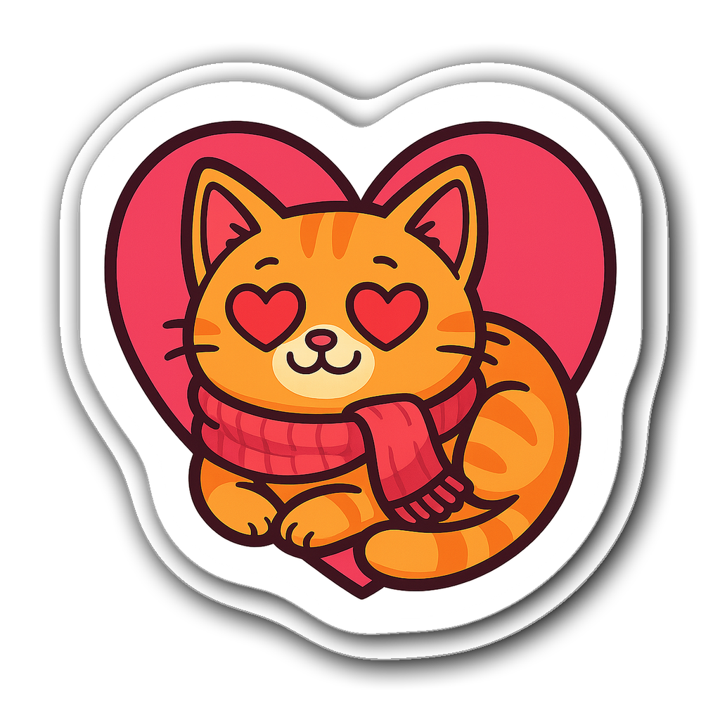 Cartoon cat with heart-shaped eyes inside a stylized heart