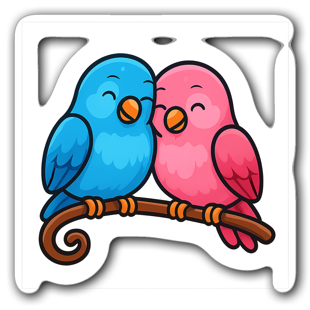 Cartoon lovebirds on a whimsical branch in bright colors