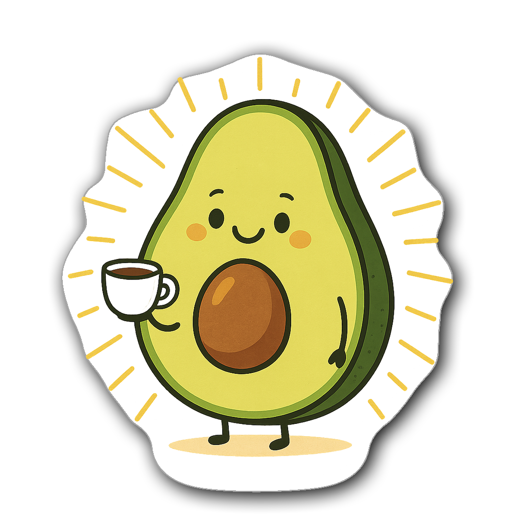 Cheerful avocado sticker with a smiling face and coffee cup