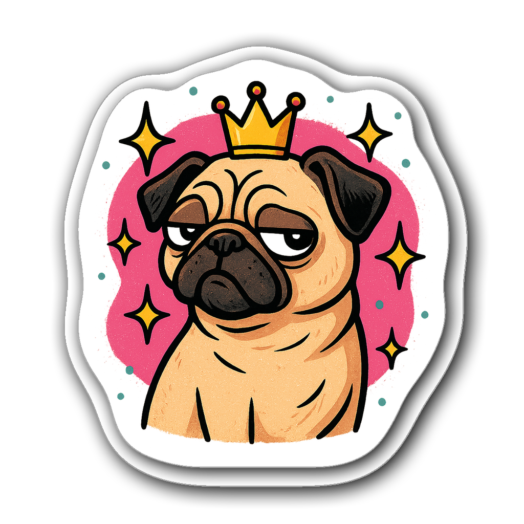 A sassy pug dog wearing a crown with a side-eye expression and sparkles.