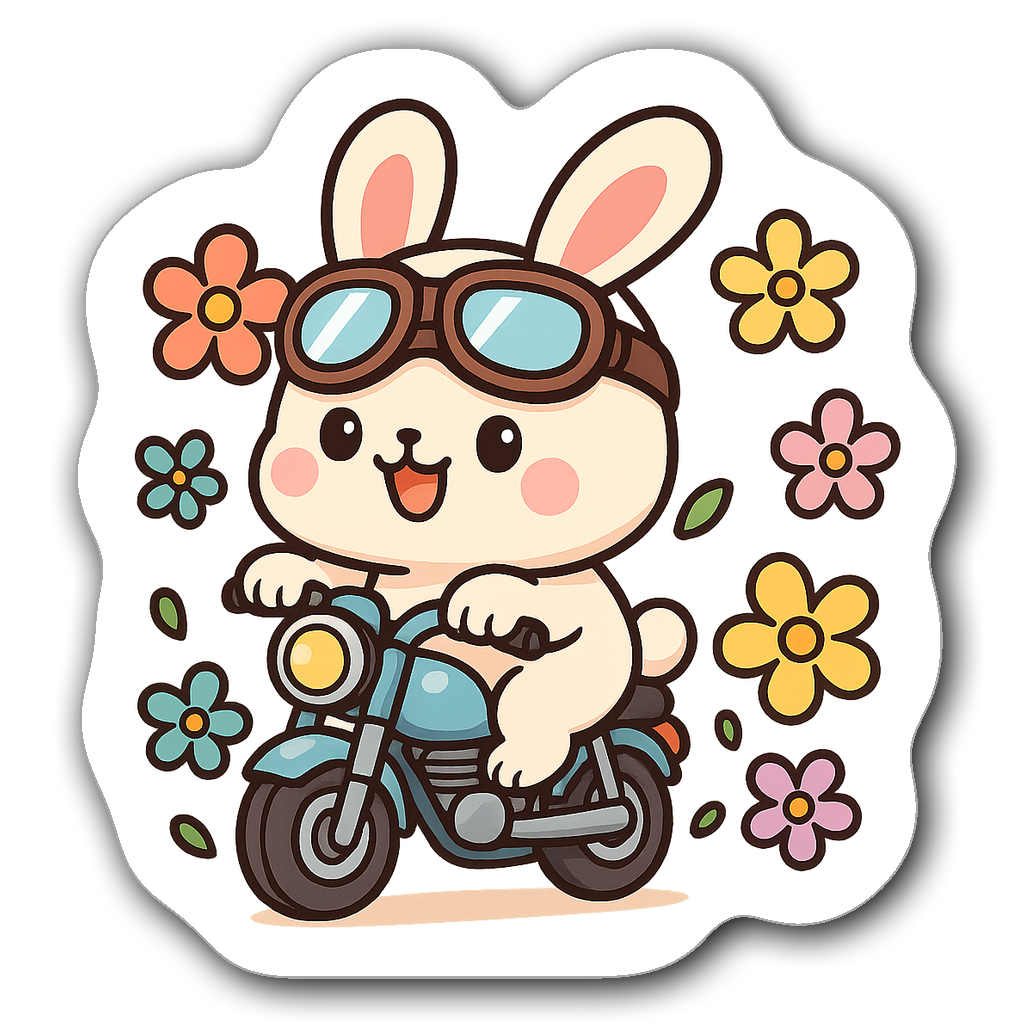 Cute chibi motorcycle bunny with flowers and vibrant colors