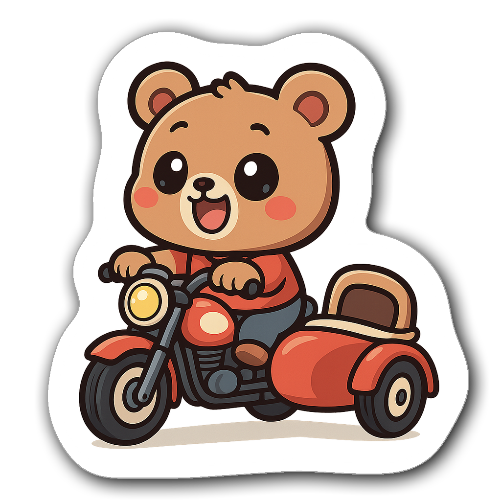 Kawaii chibi bear riding a retro motorcycle with a sidecar