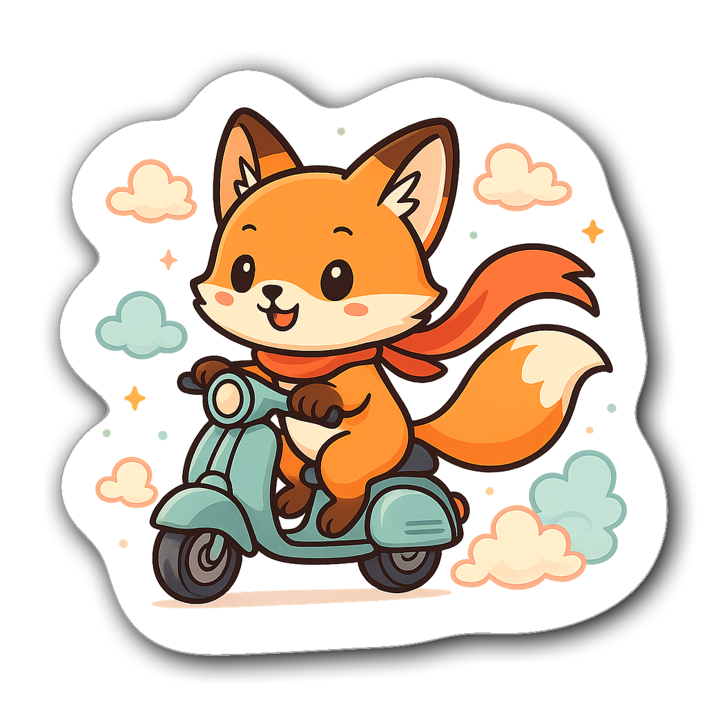 Kawaii chibi fox riding a scooter with pastel clouds