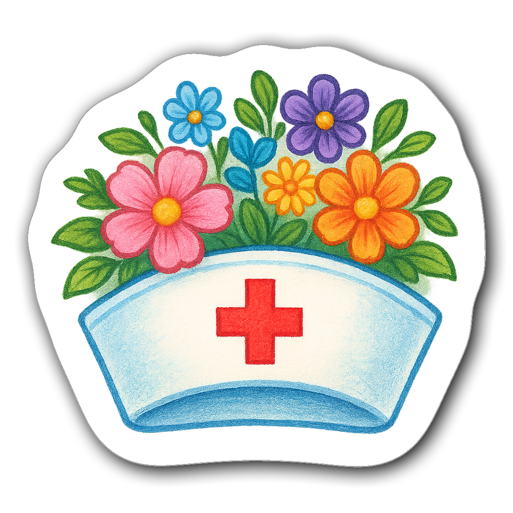 Nurse's cap adorned with colorful flowers in vibrant pastels