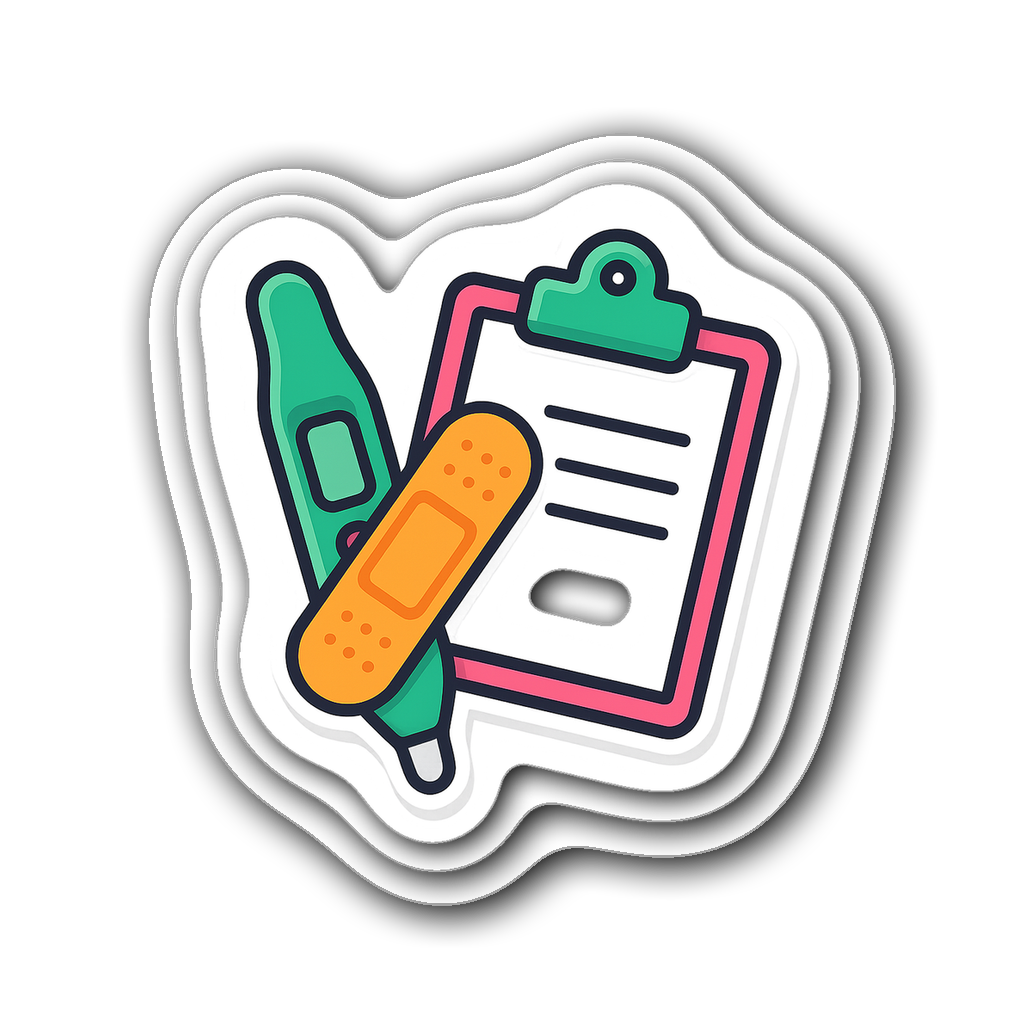 Die-cut sticker featuring a thermometer, bandage, and clipboard in bright colors.