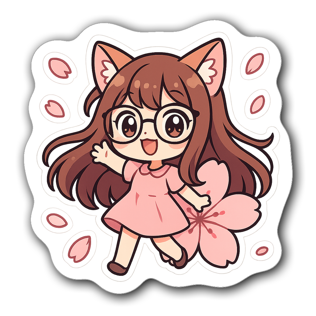 A cute catgirl wearing oversized glasses surrounded by cherry blossoms