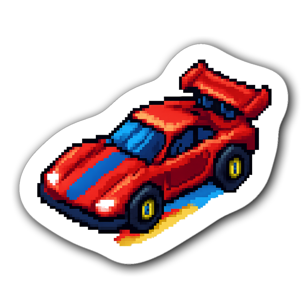 Pixel art retro race car sticker with colorful exhaust flames