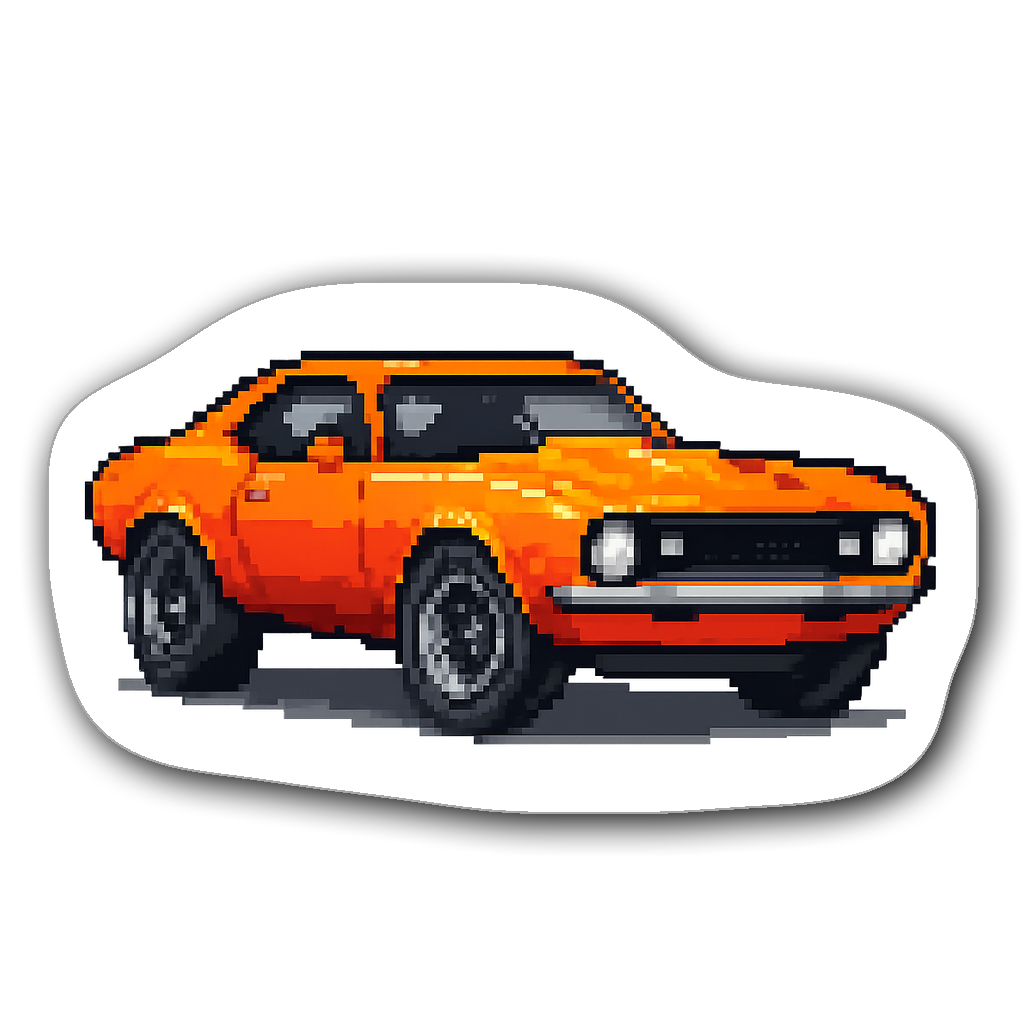 Pixel art vintage muscle car sticker in orange with bold outlines